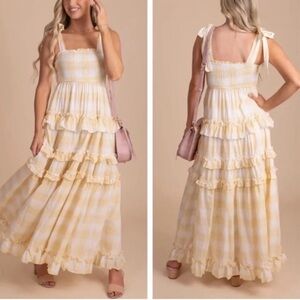Storia Womens Sunny Days Tiered Plaid Ruffle Smocked Maxi Dress Sz Large Yellow